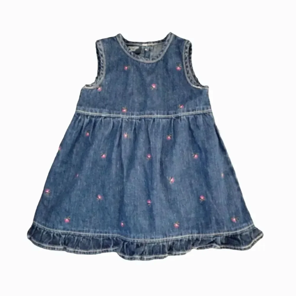 VTG OshKosh 2 Piece Floral Denim‎ Jean Jumper Dress Girl's 6-9mos